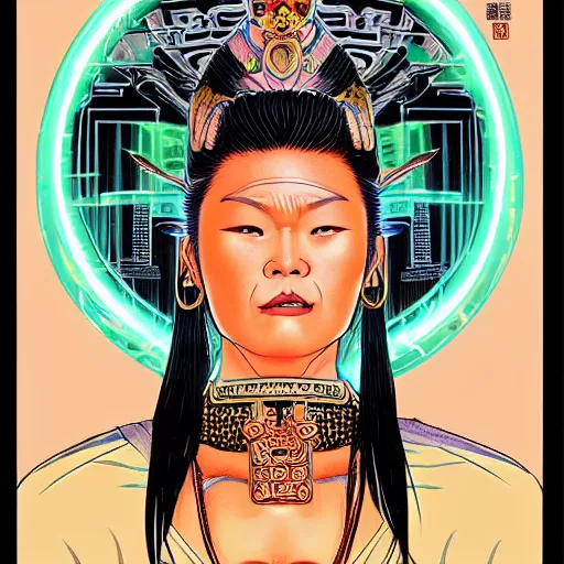 Image similar to portrait of miao yin from big trouble in little china, symmetrical, by yoichi hatakenaka, masamune shirow, josan gonzales and dan mumford, ayami kojima, takato yamamoto, barclay shaw, karol bak, yukito kishiro