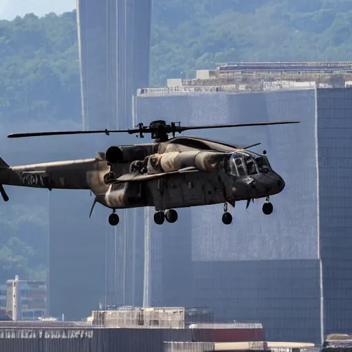 Prompt: Action Horror Cinematic Scene Military Helicopters shooting at Giant Monster in the city