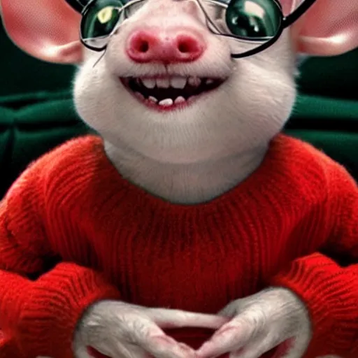 Prompt: stuart little from the movie stuart little is a terrifying and murderous eldritch being wearing a red sweater, demonic mouse, rabbid mouse, evil, diabolical, piercing gaze, wide eyes, gaping mouth, unhinged jaw, emaciated