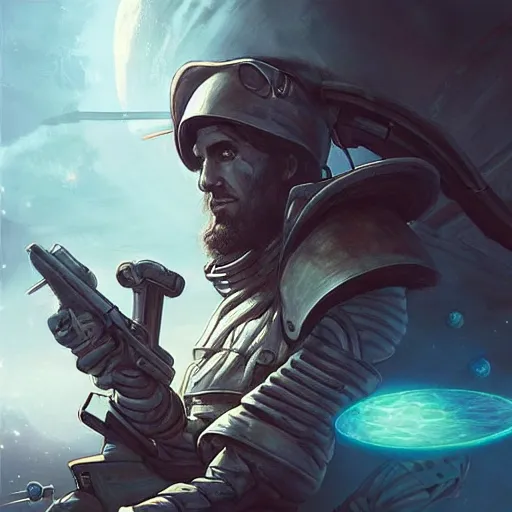 Image similar to “A portrait of a space pirate with his ship in the background, D&D sci-fi, artstation, concept art, highly detailed illustration.”