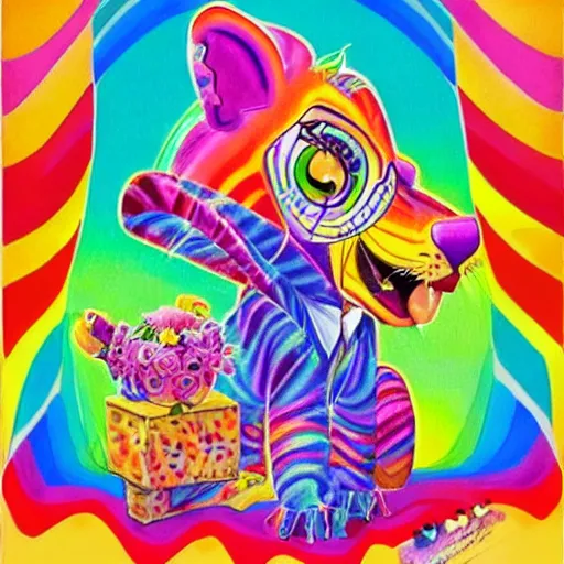 Image similar to Lisa Frank artwork, courtroom sketch