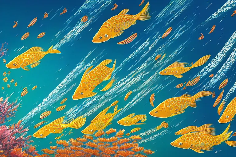 Image similar to portrait of goldfishes swarming the ocean. shadow and light. rays of light. energetic, dynamic, lively, detailed, intricate, complex. fine art by hayao miyazaki, akira toriyama, makoto shinkai, and ohara koson.