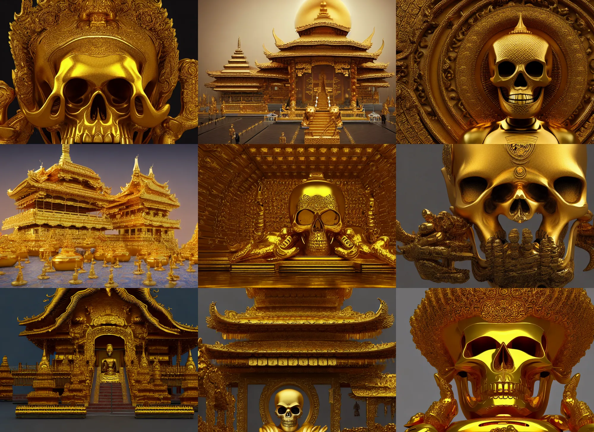 Prompt: [ skull - shaped ] golden buddhist temple, matte painting, 4 k, masterpiece, digital art, octane render, trending on artstation