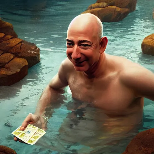 Image similar to jeff bezos swimming in a pool filled with cash, 4 k, photography, extremely detailed, digital art, trending on artstation, greg rutkowski, cinematic lighting, hyperrealistic