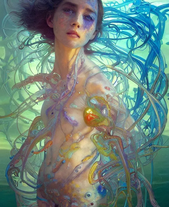 Prompt: colorful transparent portrait of a terrifying beautiful alien sea creature, mottled coloring, adorable, childlike, biopunk environment, ultra realistic, concept art, art nouveau, photorealistic, octane render, 8 k, unreal engine. art by christopher marley and artgerm and greg rutkowski and alphonse mucha