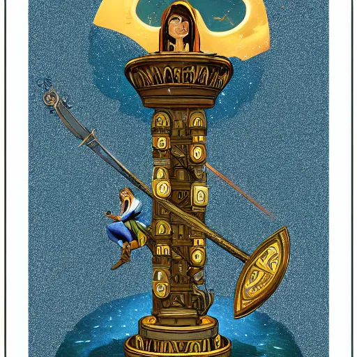 Prompt: tarot card style, lady luck on a tower, scales, sword, digital illustration, intricate, highly detailed, elegant, full color, cinematic lighting, octane render, hyper realism