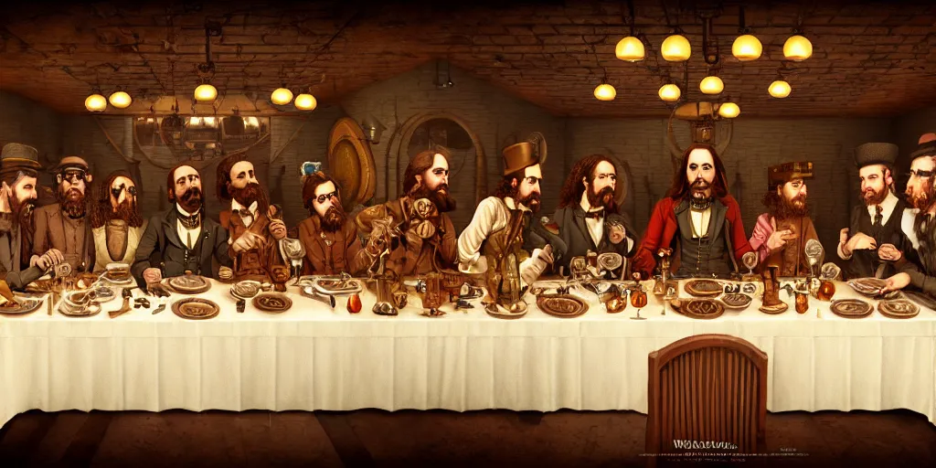 Prompt: steampunk last supper by wes anderson, digital painting, trending on artstation, sharp focus, 4 k