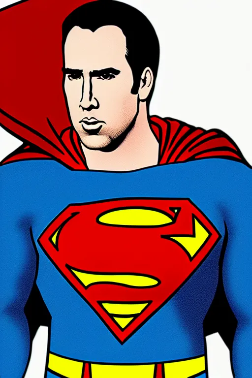 Image similar to nicholas cage as superman, live action, superhero movie, dramatic