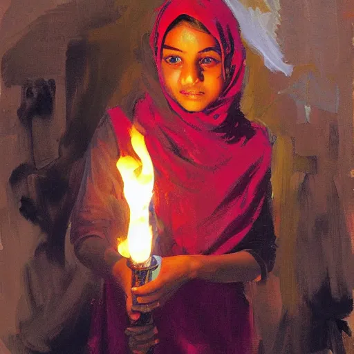 Prompt: indian girl in hijab raising a torch by greg manchess