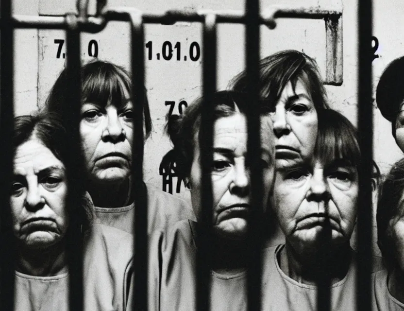 Prompt: six woman with masculine faces in jail behind bars by william eggleston