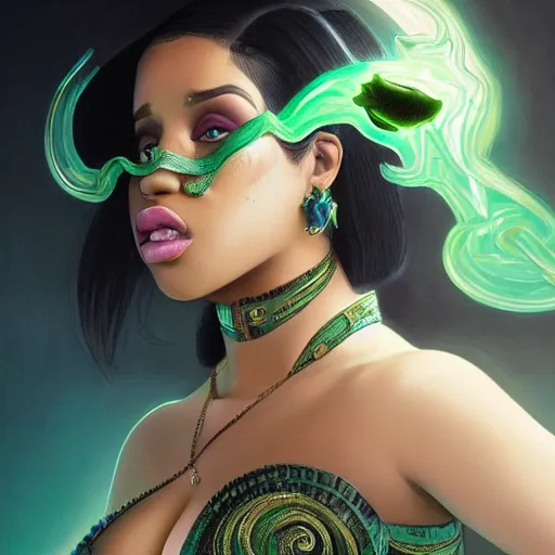 Image similar to full figure ultra realistic illustration, cardi b as the riddler, intricate, elegant, highly detailed, digital painting, artstation, concept art, smooth, sharp focus, illustration, art by artgerm and greg rutkowski and alphonse mucha