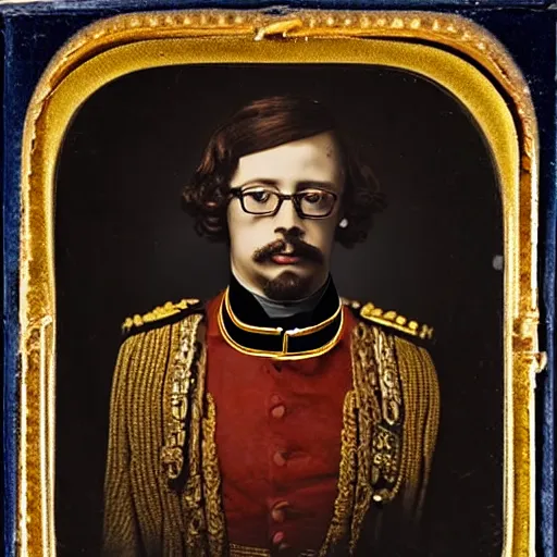 Image similar to daguerreotype portrait of sam hyde wearing a prussian officer uniform, very detailed, very intricate,