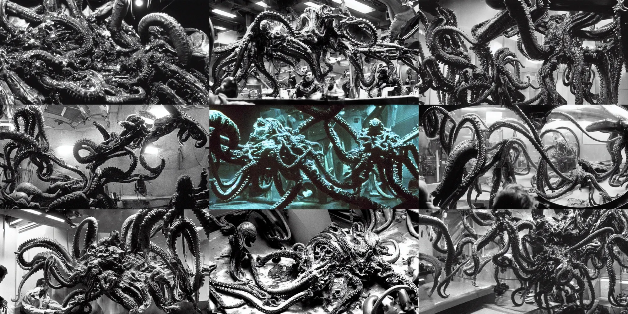 Prompt: Marines inspect Xenomorph octopus in a specimen tank , film still from Aliens by James Cameron