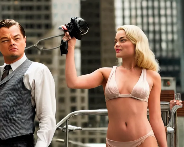 Image similar to leonardo dicaprio as the wolf of wall street next to margot robbie as naomi from the wolf of wall street, hyper realistic faces, detailed eyes, cinematic, long shot, hyper detailed, 8 5 mm photograph, 8 k resolution, film still, sharp lens, wide lens