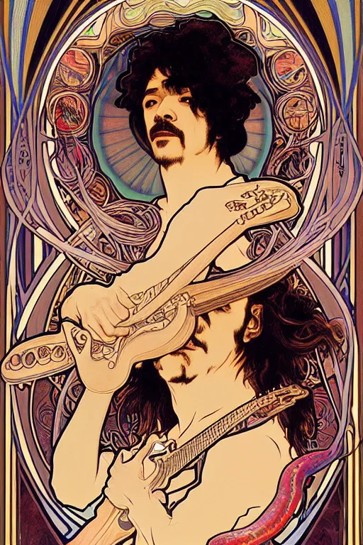 Image similar to realistic detailed face portrait of Carlos Santana playing guitar with snakes around and evolving from his body by Alphonse Mucha, Ayami Kojima, Amano, Art Nouveau, rich deep moody colors