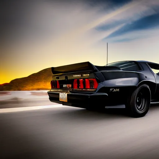 Prompt: black pontiac firebird trans - am driving towards the camera, mountain, valley, sunrise, cinematic, motionblur, sunbeams, volumetric lighting, wide shot, low angle, artstation