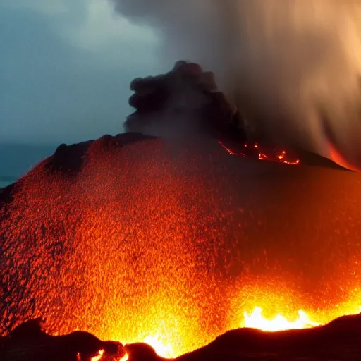 Prompt: dramatic photograph of pele the goddess of volcanos and fire erupting from the top of a hawaiian volcano surounded by carved wooden tiki statues, spooky, beautiful, dramatic lighting