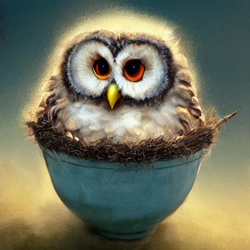 Prompt: long shot of a very fluffy cute owl chick nesting in a cup, esao andrews, by m. w. kaluta, humorous illustration, hyperrealistic, tilt shift, warm colors, night scenery, low light, 3 d octane render, 4 k, volumetric lights, smooth, cosy atmosphere, conceptart, hyperdetailed, trending on deviantart