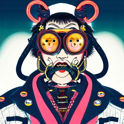 Prompt: a detailed portrait of a fashionable japanese demon wearing a cyberpunk bosozoku outfit the style of william blake and norman rockwell, kubrick, neon color scheme, crisp, artstationhd