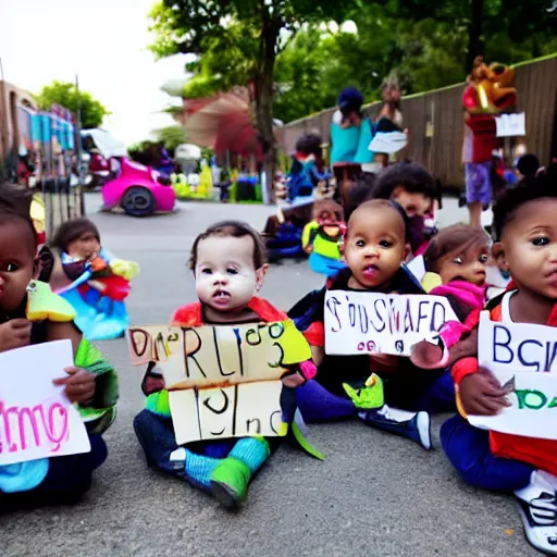 Prompt: babies protesting in front of a daycare center