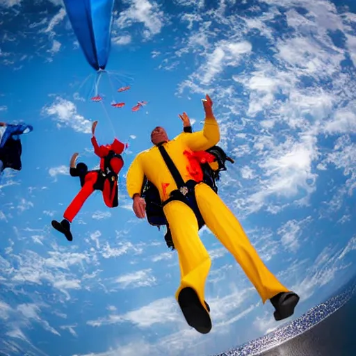 Prompt: businessmen parachuting from the sky, picture is taking from inside the water looking up