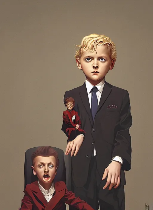 Prompt: poster artwork by Michael Whelan and Tomer Hanuka, Karol Bak of a young boy in a full sized suit, he has the evil spirit of BOB inside him, sitting in the board room, interior from scene from Twin Peaks, clean