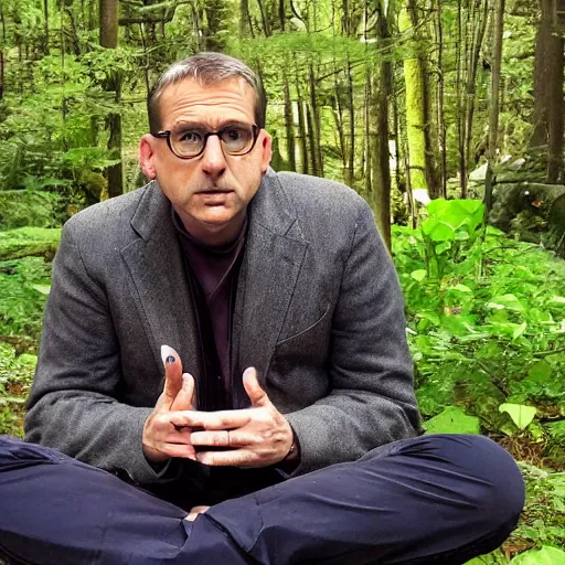 Image similar to chubby Steve Carell meditate in the Forest