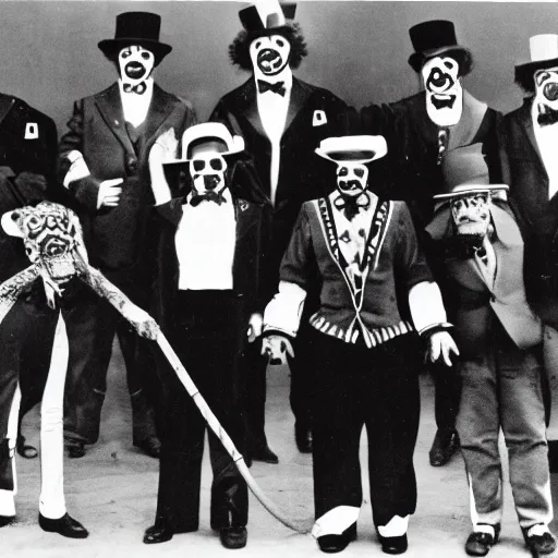 Prompt: photograph of a criminal lineup of circus clowns