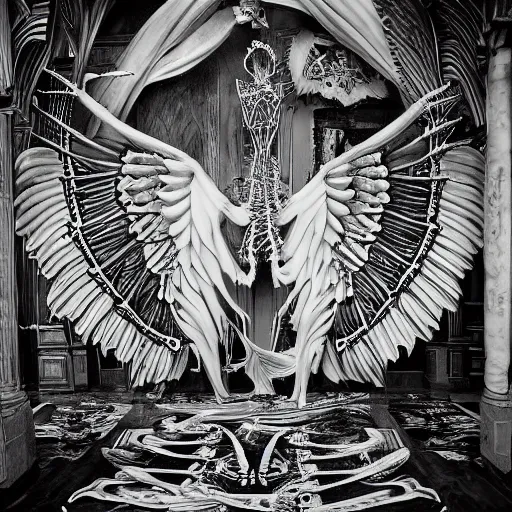 Image similar to Black and white photograph of a big white tall skeleton with wings and horns on the backrooms, 4K, highly detailed, surrealist, weird, strange, uncanny, odd, eerie, mysterious