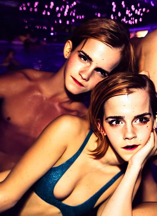 Image similar to medium shot photo of emma watson super drunk having fun being the center of attention in a pool party in a crowded modern indoors pool with cyberpunk illumination at night. sensual photo. symmetrical balance, in - frame. photorealistic