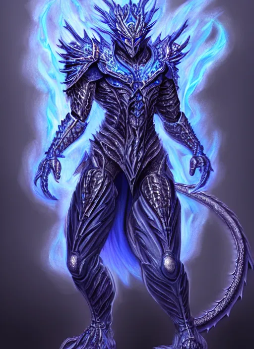 Image similar to muscular and tall blue ghostly fire humanoid dragon!!!! draconian!! intricate ornate iridescent heavy armor!! character concept art, sharp focus, octane render! unreal engine 5! highly rendered!! trending on artstation!! detailed linework!! illustration by artgerm, wlop, and chie yoshii