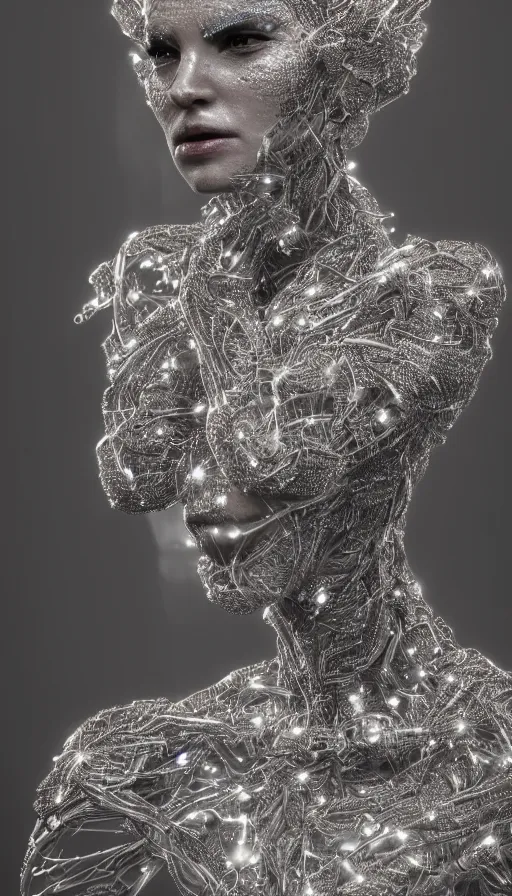 Image similar to full body detailed, ethereal, biomechanical, covered in diamonds and other gems glowing, highly detailed face, elegant posed, intricate, extremy detailed, beeple, cgsociety, 3 d unreal engine octane render. cinematic lighting, highly detailed 4 k art