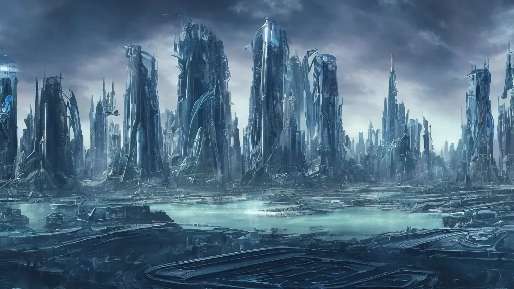 Prompt: a futuristic sci - fi city skyline's in the style of atlantis : the lost empire ( 2 0 0 1 )