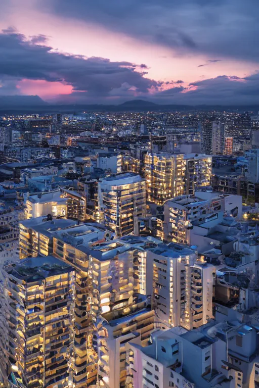 Image similar to buliding design by ricardo bofil, function is residential ， people take pohto at the roof ， dusk seaside ， photography ， 8 k