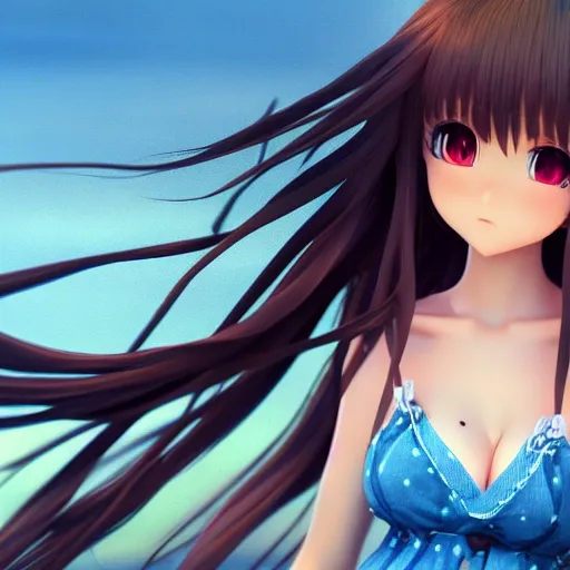 Image similar to Render of a very beautiful 3d anime girl, full body, long hair, hazel eyes, cute freckles, full round face, short smile, cute sundress, golden hour, serene beach setting, cinematic lightning, medium shot, mid-shot, highly detailed, trending on Artstation, Unreal Engine 4k, cinematic wallpaper