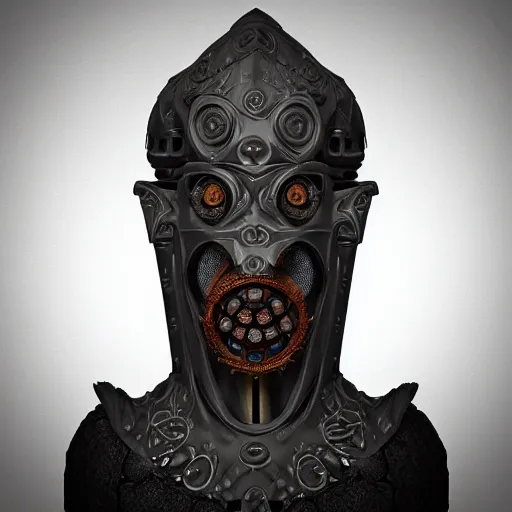 Prompt: an ominous dark ancient mask. cracks. hyper - detailed. gothic steampunk baroque. symmetric. epic. hyper - realistic. unreal render.