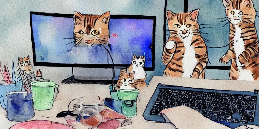 Image similar to watercolor illustration style, cute! cats watch the news on computer monitor