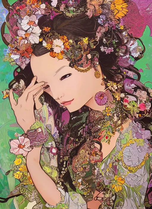 Image similar to !!! very coherent!!! oil painting, beautiful floralpunk balinese cyborg portrait girl female illustration detailed patterns art of bali traditional dress, flower pop art, floral splash painting, art by ashley wood, alphonse mucha, makoto shinkai, geof darrow, dark shadow