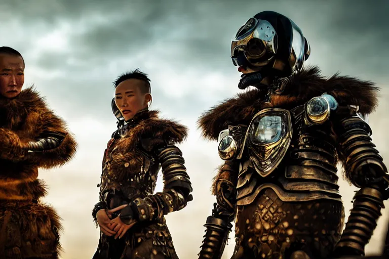 Image similar to vfx film closeup, futuristic mongolian biker warriors, sci - fi mongolian village, robot stand - off, flat color profile low - key lighting award winning photography arri alexa cinematography, hyper real photorealistic cinematic, atmospheric cool colorgrade