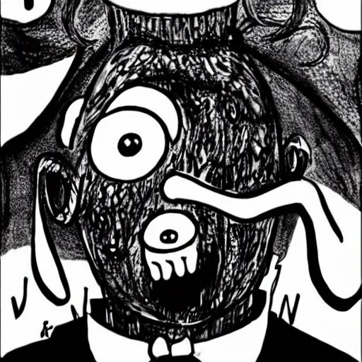 Image similar to black and white trippy comic art of a man in suit eating a birthday cake, drawn by martin rowson, tim burton, studio ghibli, alex pardee, nekro petros afshar, james mcdermott, cgsociety 4 k
