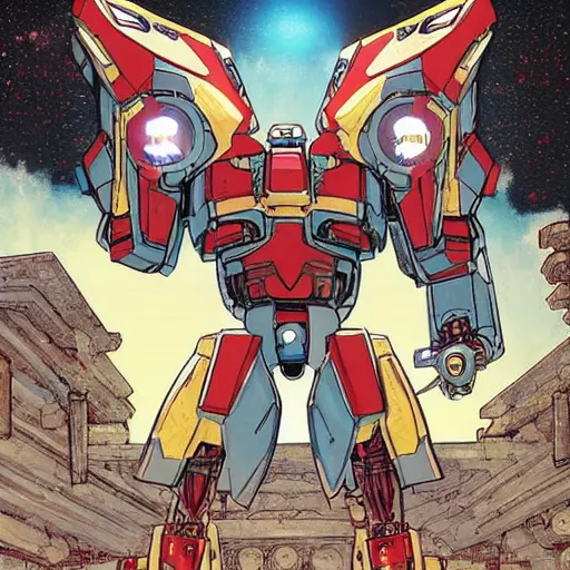 Prompt: mecha robot inside a Greek temple in style of Patrick Gleason and Marvel Comics, soft