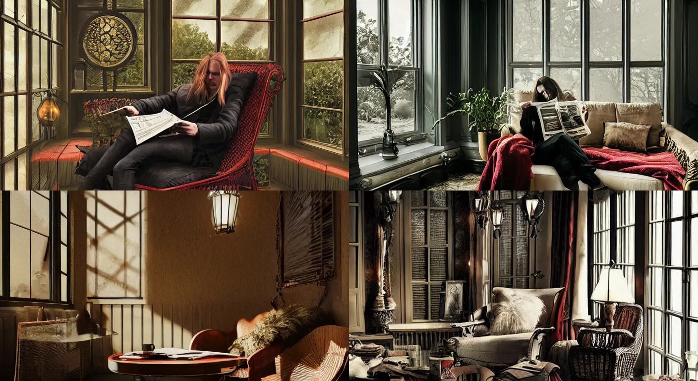 Prompt: photo of a vampire reading the newspaper in a sunroom-with-wicker-furniture, breathtaking-interior-design, golden-hour, exotic, opulent, interior-lighting, stunning-design, dynamic cinematic lighting, interior design with soft lighting, extremely detailed, hyperrealism, 4k, dramatic, cinematic, architectural visualization with a lot of detail, volumetric lighting, 8k, unreal engine