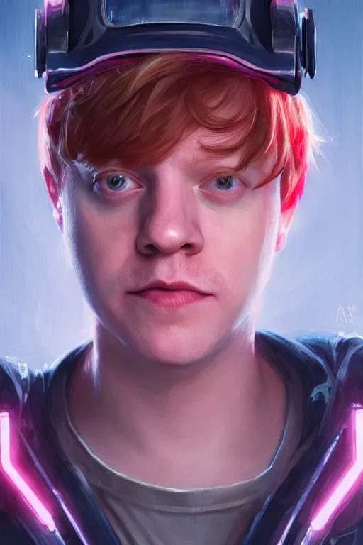 Image similar to portrait of Rupert Grint as Ron Wisly with visor in cyberpunk, neon lighting, night city, digital art from artstation by Ruan Jia and Mandy Jurgens and Artgerm and william-adolphe bouguereau and Greg Rutkowski