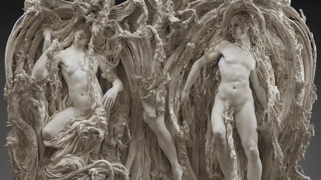 Image similar to an epic sculpture made of marble and ivory, the portal of infinite sadness, by gustave dore, by emil melmoth, by alphonse mucha, hell, sculpture standing on in a large studio space, monumental, epic, rococo, generative, detailed, intricate, volumetric lighting, realistic, octane render, in frame, 2 0 % pearlescent detailing