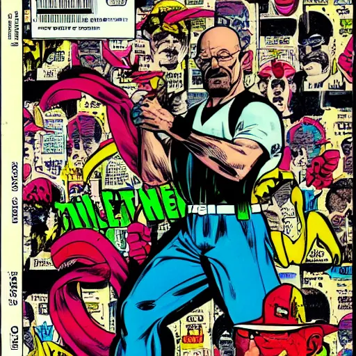 Image similar to Walter white 1987 marvel comic book cover by rob lee, pouches, belts, straps