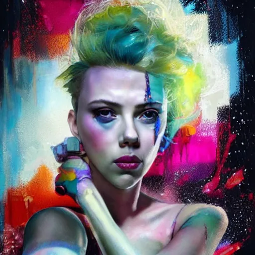 Image similar to scarlett johansson as delirium from sandman, ( hallucinating colorful soap bubbles ), by jeremy mann, by sandra chevrier, by jean giraud and maciej kuciara, punk rock, tank girl, high detailed, 8 k