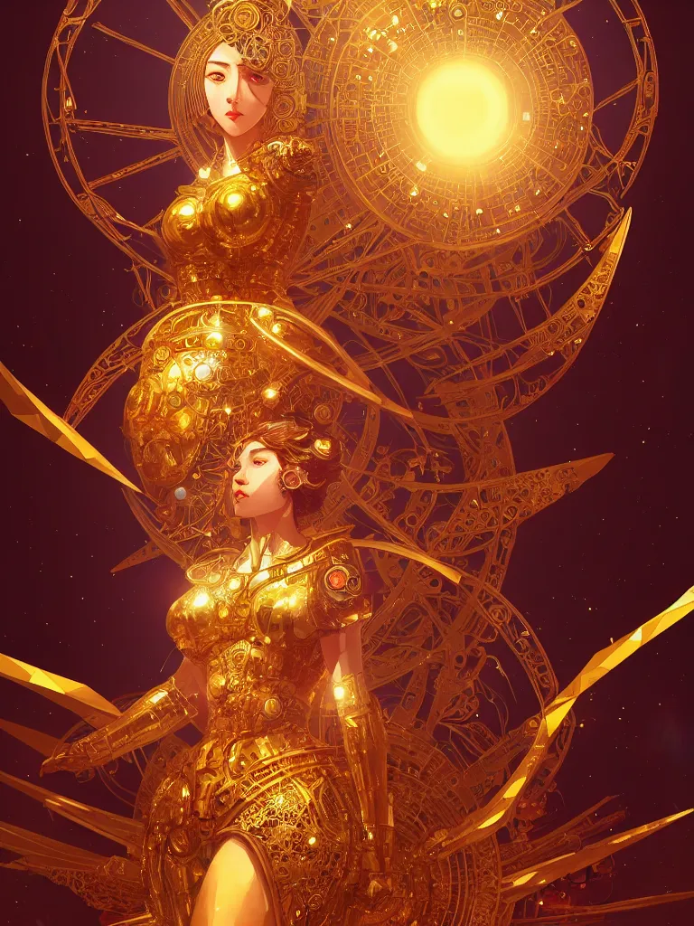 Prompt: 3 / 4 view of the goddess of creation staring intently at the camera in a golden armour made of hexagons, a giant mechanical clockwork planetarium in the background, triangular patterns, golden lights, art by guweiz, intricate, elegant, highly detailed, smooth, sharp focus, artstation