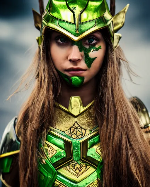 Prompt: a beautiful elf ranger with long hair and green eyes, no helmet, wearing green and gold futuristic mecha armor, with ornate rune carvings and glowing lining, very detailed, shot in canon 50mm f/1.2,