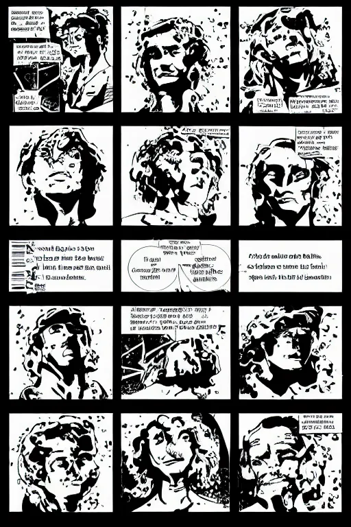Image similar to comic book page, square panels, symmetry, Isaac Newton, the Apple and the Moon