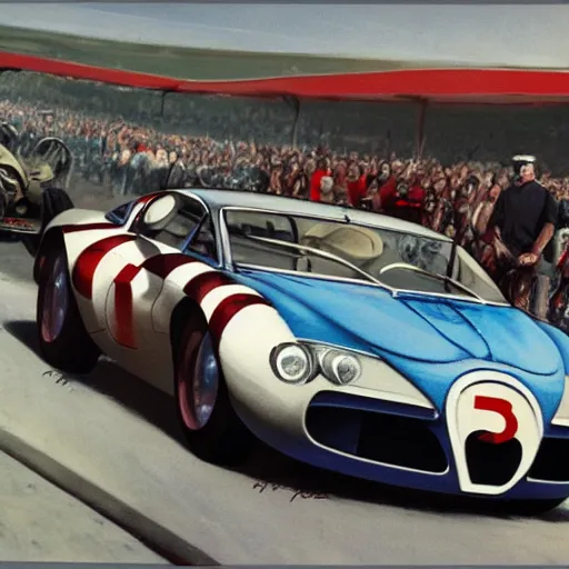 Prompt: bugatti type c, rdodge m 4 s, 1 9 6 0's le mans, ralph maquarrie and syd mead cinematic matte painting, 4 k